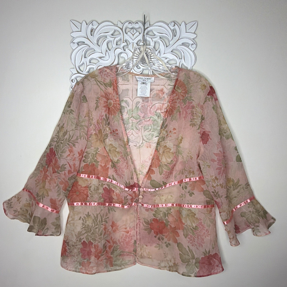 MISS DORBY Women's size 16 JACKET Sheer Chiffon Organza Satin Trim PEACH Green